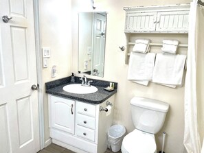 Sèche-cheveux, serviettes fournies, savon, papier toilette