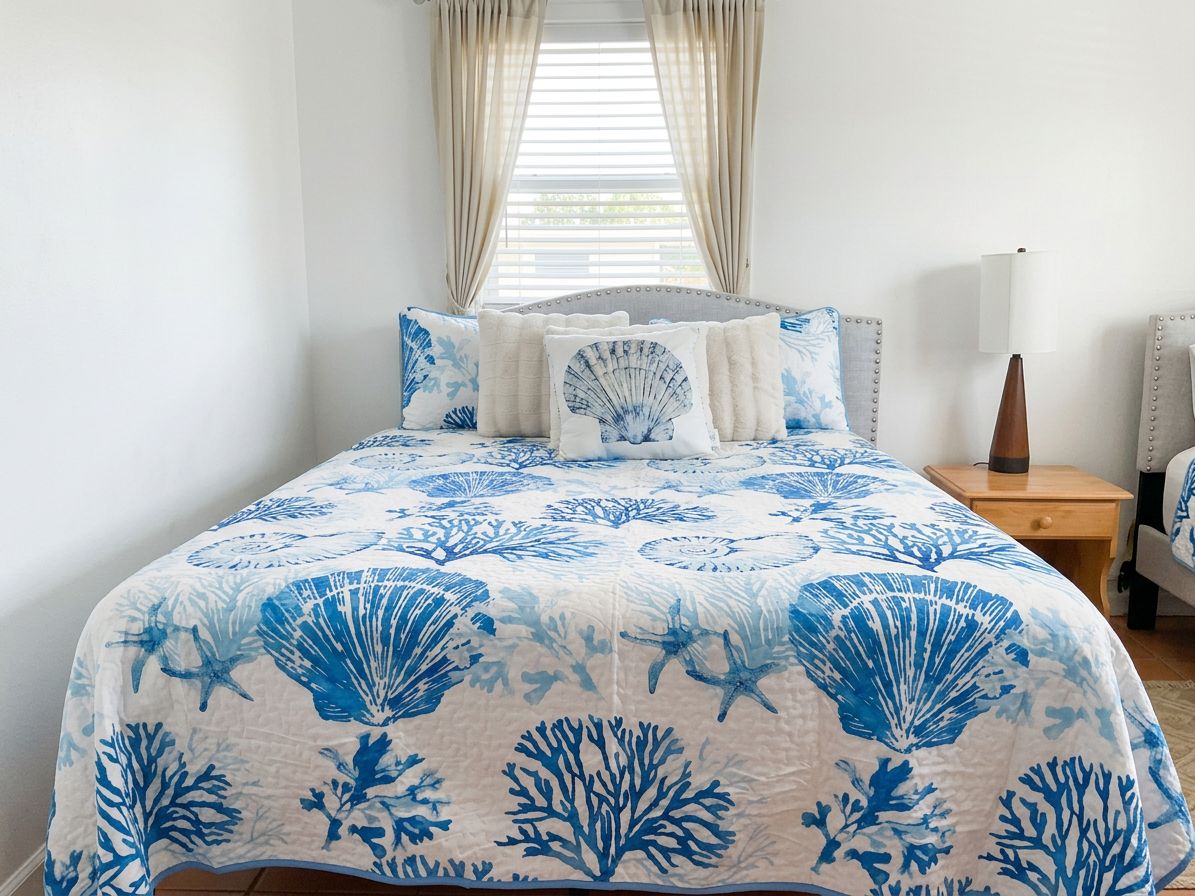 A bedroom with a bed, a nightstand, a lamp, and a window with curtains.