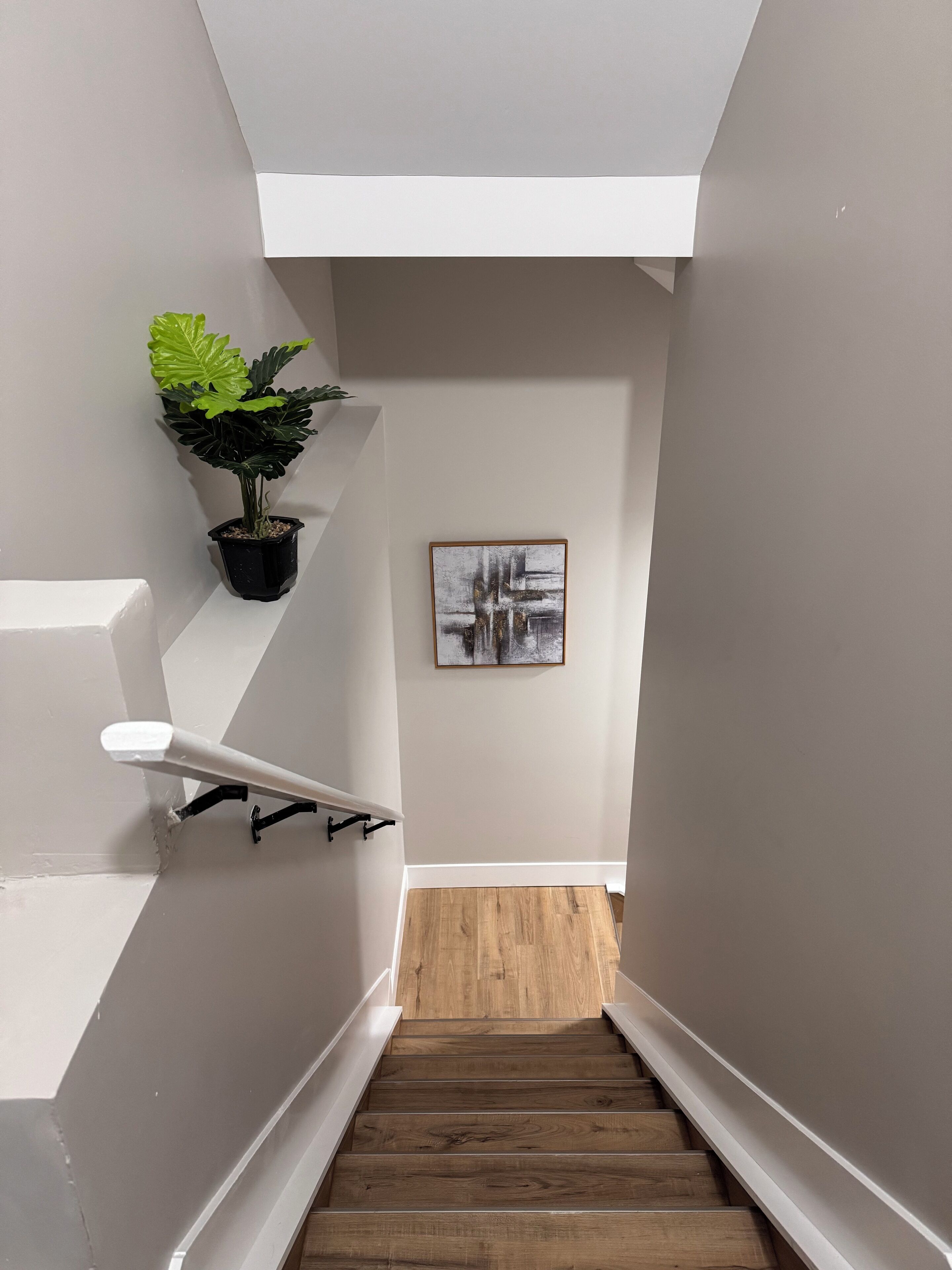A staircase with wooden steps, white walls, a black potted plant, and a framed abstract painting.