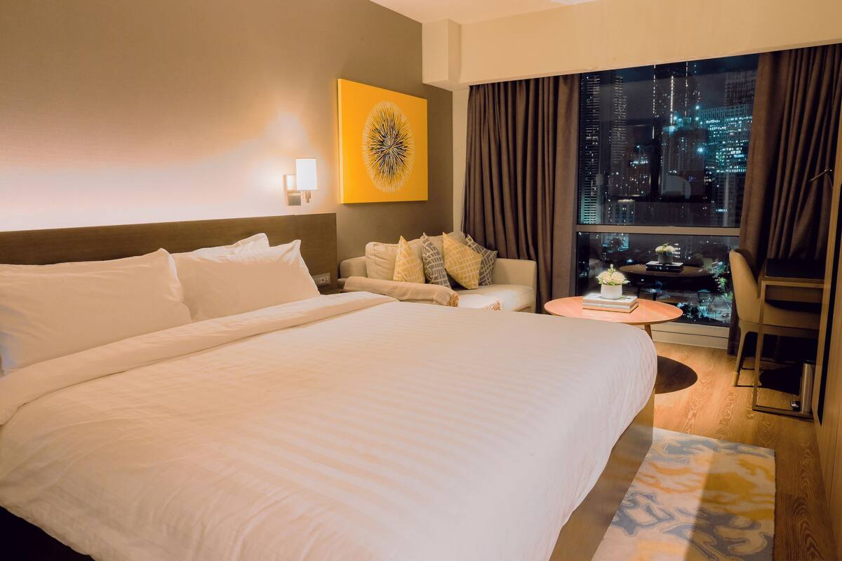 In-room safe, desk, laptop workspace, blackout curtains