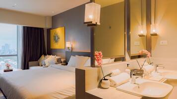 In-room safe, desk, laptop workspace, blackout curtains