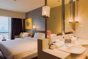 In-room safe, desk, laptop workspace, blackout curtains