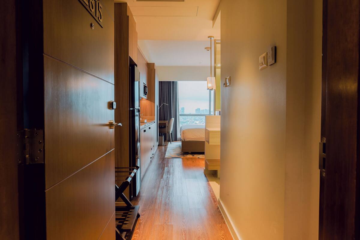 In-room safe, desk, laptop workspace, blackout curtains