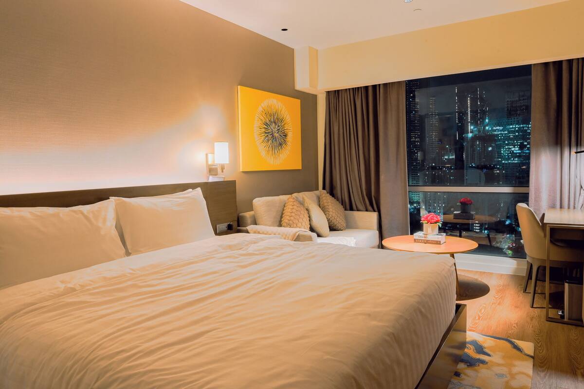 In-room safe, desk, laptop workspace, blackout curtains