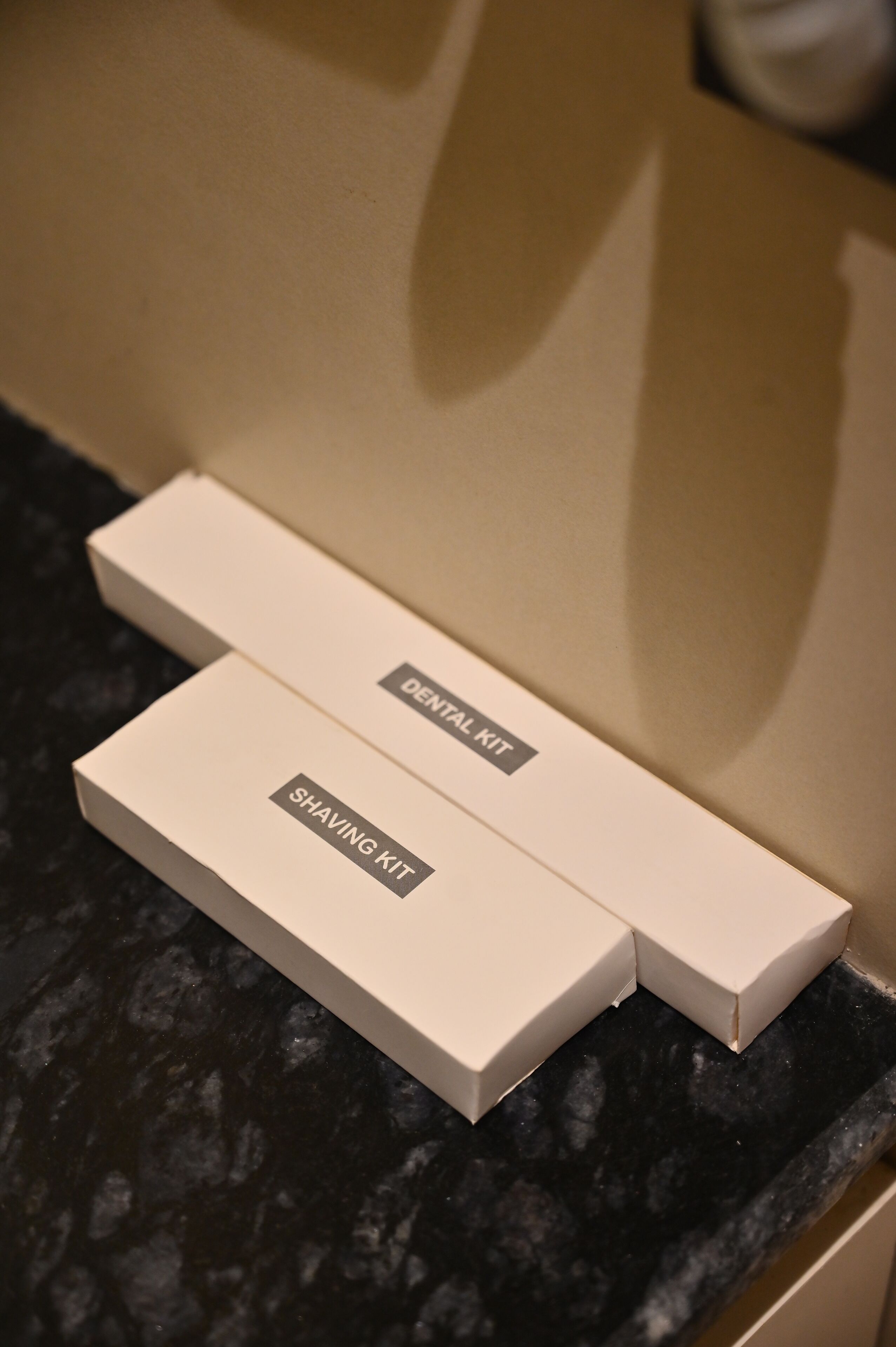 Two white boxes labeled "Dental Kit" and "Shaving Kit" on a dark countertop.