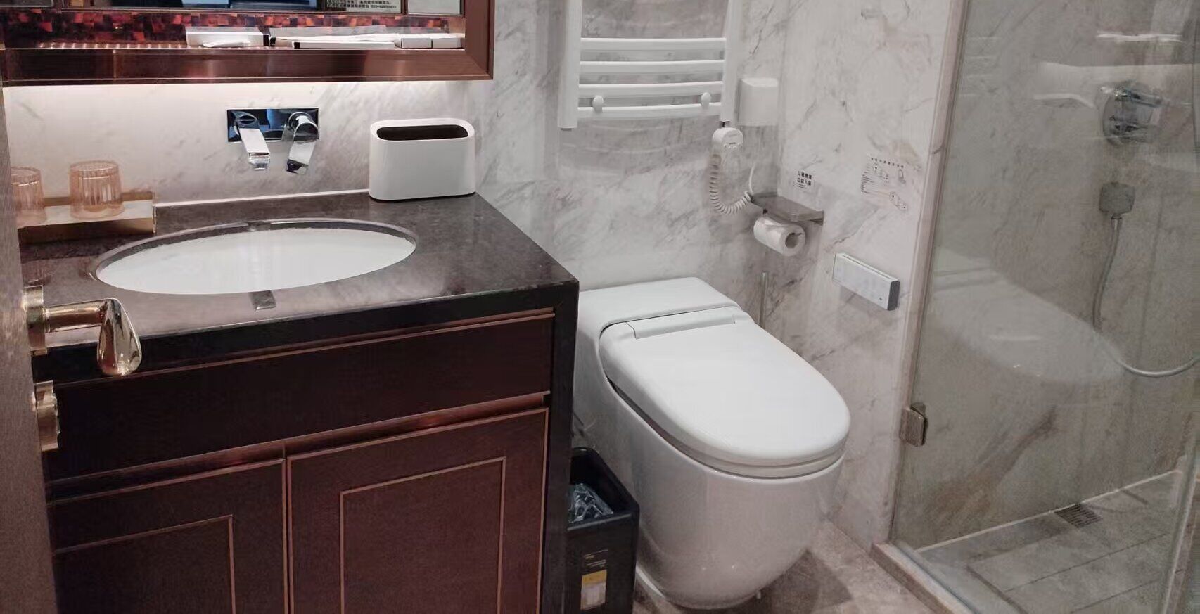 Une salle de bain avec un lavabo en marbre, des toilettes et une douche à parois de verre.