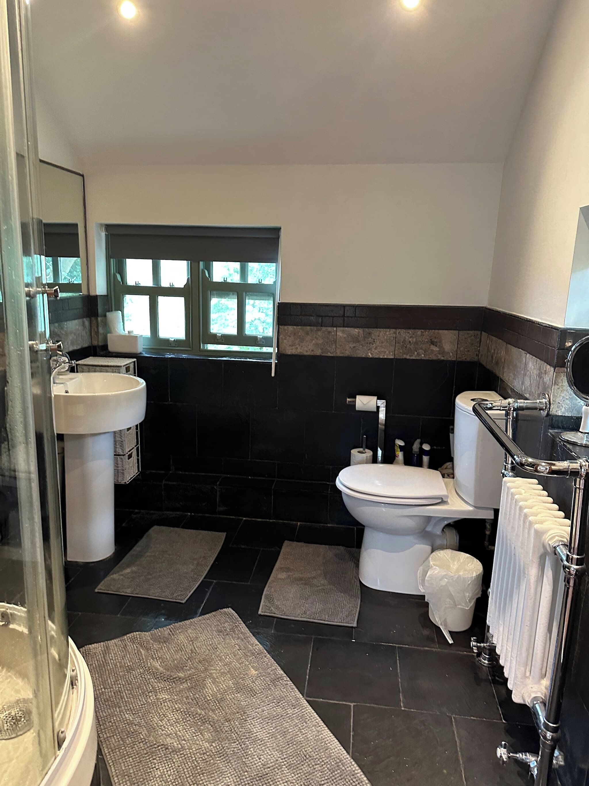 Un bagno moderno con lavandino, WC e zona doccia.