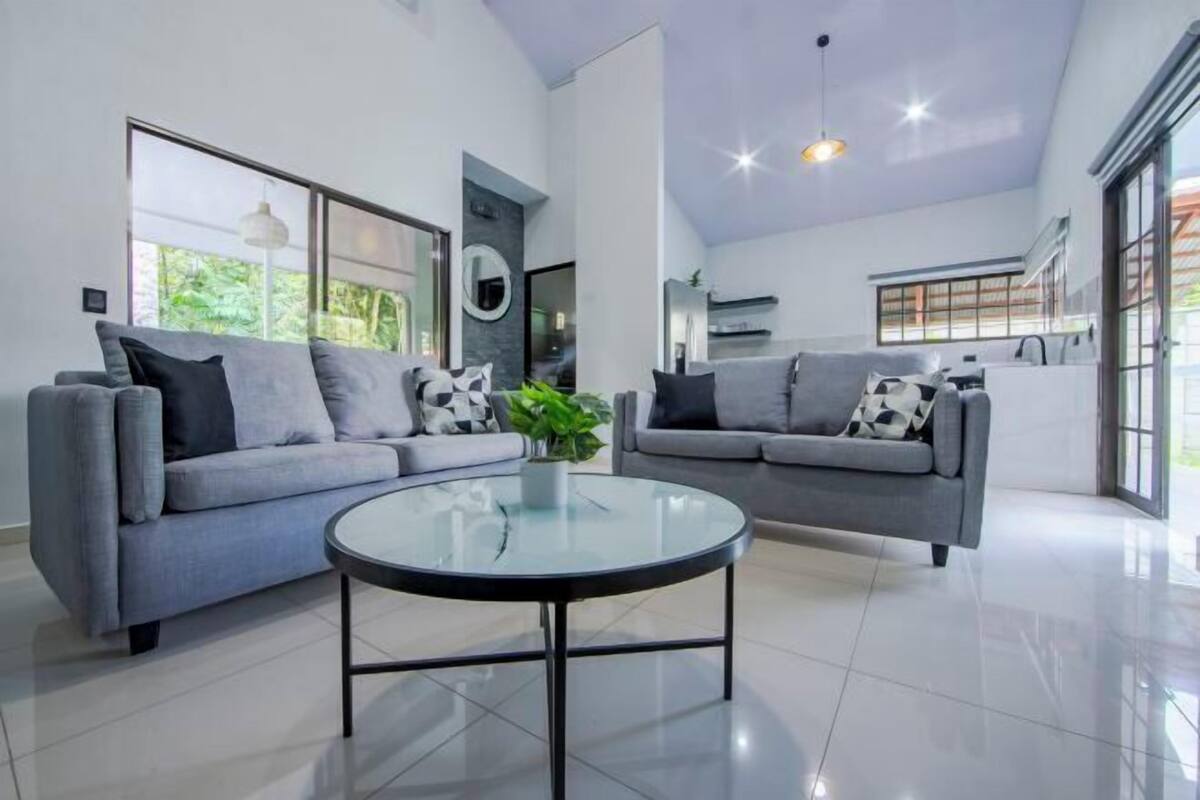 A modern living room with two grey sofas, a glass coffee table, and a large window providing a view of greenery outside.