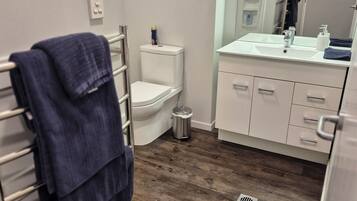 Shower, towels, soap, shampoo