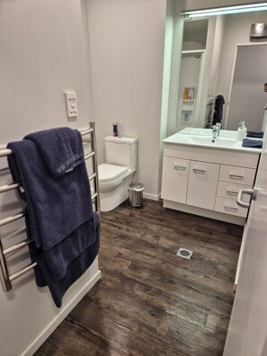 Et badeværelse med toilet, vask og spejl. Der er en håndklæderadiator med et håndklæde hængende på.