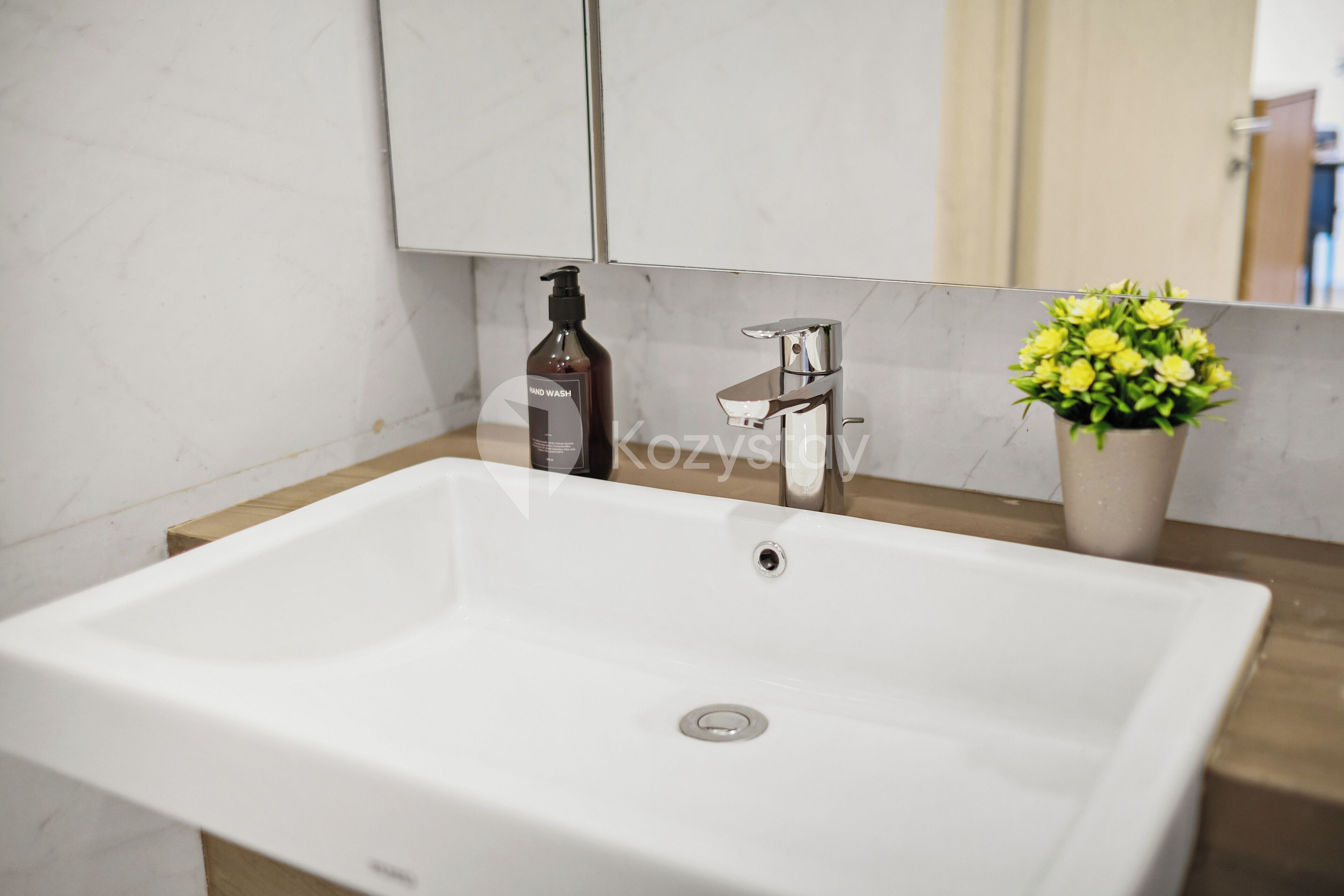 A bathroom with a white sink, a mirror, a hand soap dispenser, and a potted plant.