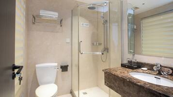 A modern bathroom with a glass-enclosed shower, a toilet, and a marble sink.