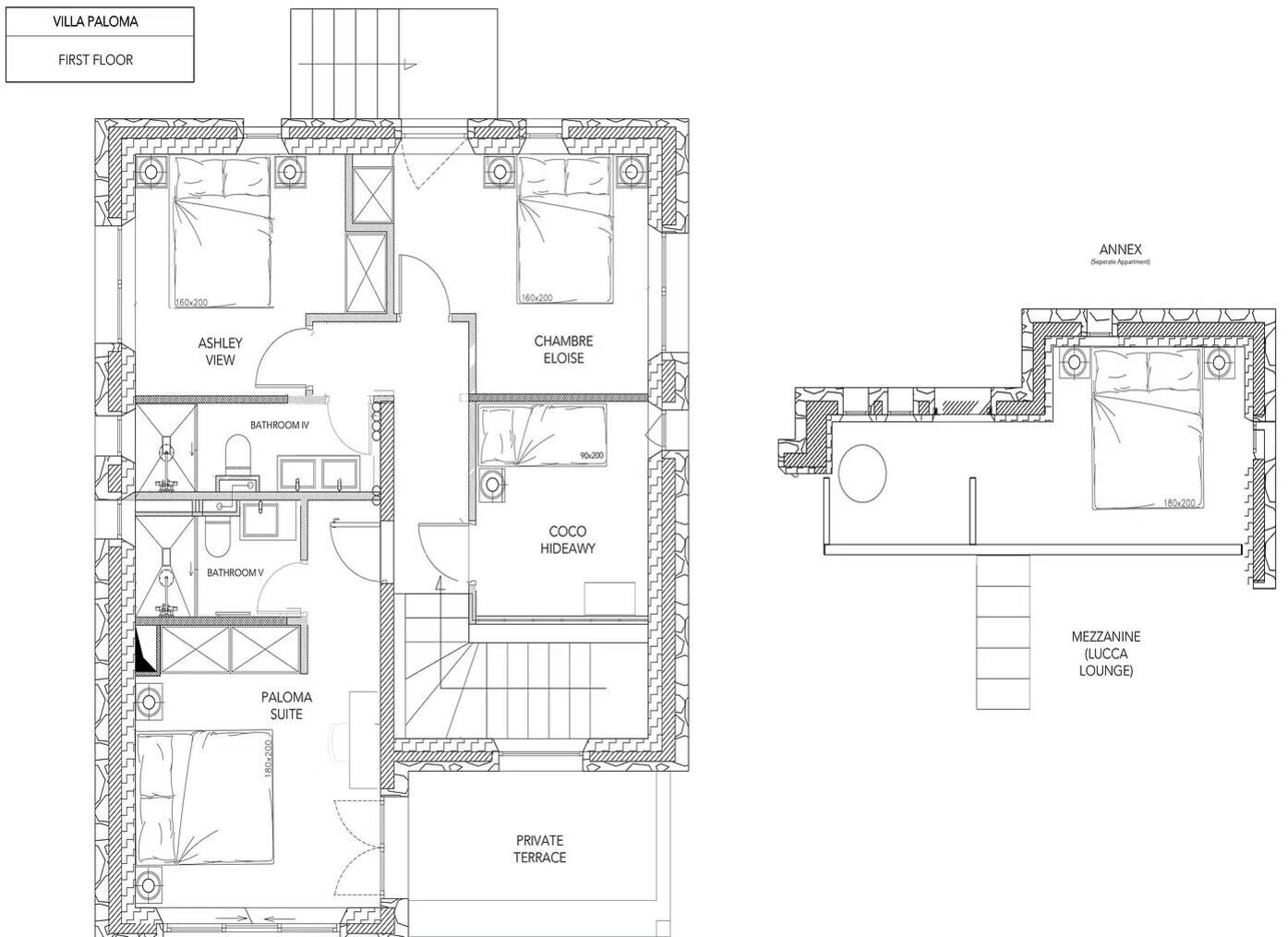 Grundriss des ersten Stocks der Villa Paloma, einschließlich privater Terrasse, Paloma Suite und separater Dependance mit Lounge.