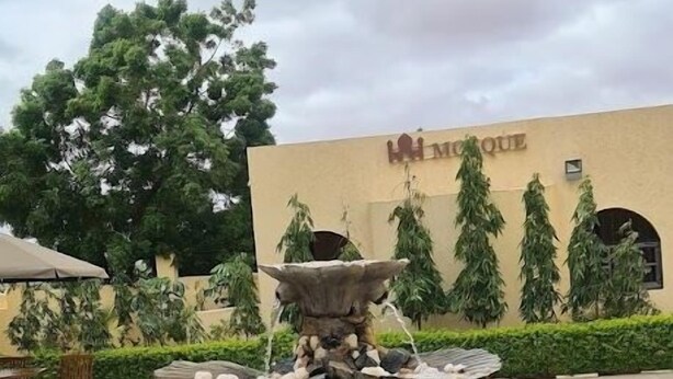 Een ronde fontein met meerdere verdiepingen en waterspelingen, omringd door een gedessineerde rand.