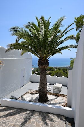 Ein weißes Gebäude mit einer Palme, einem Steinboden und Meerblick.