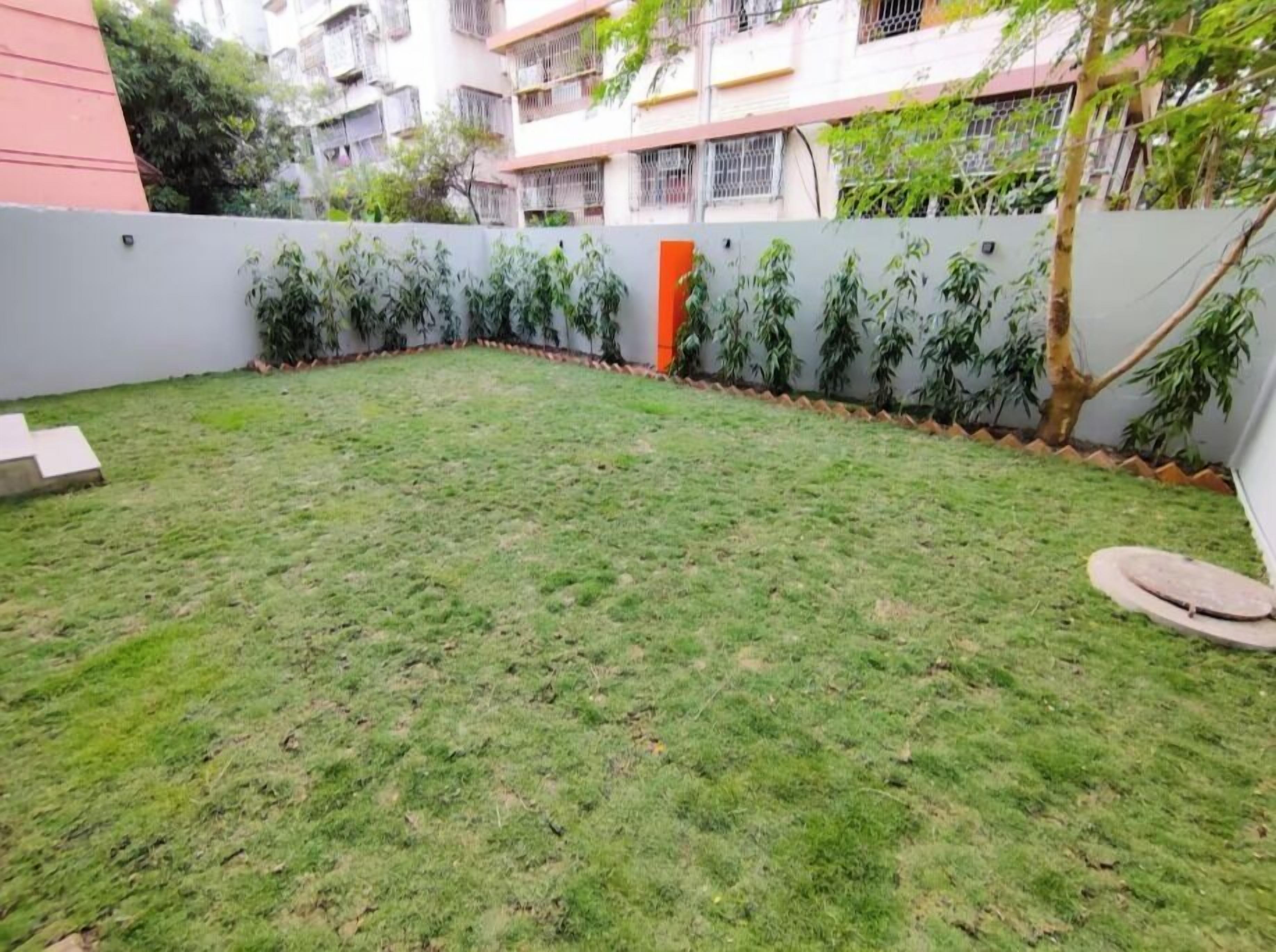 Ein grasbewachsener Innenhof mit einer weißen Mauer und einem Baum.