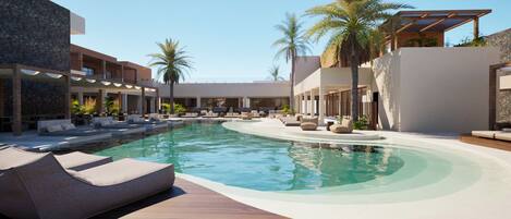 Außenpool (je nach Saison geöffnet), Sonnenschirme, Liegestühle