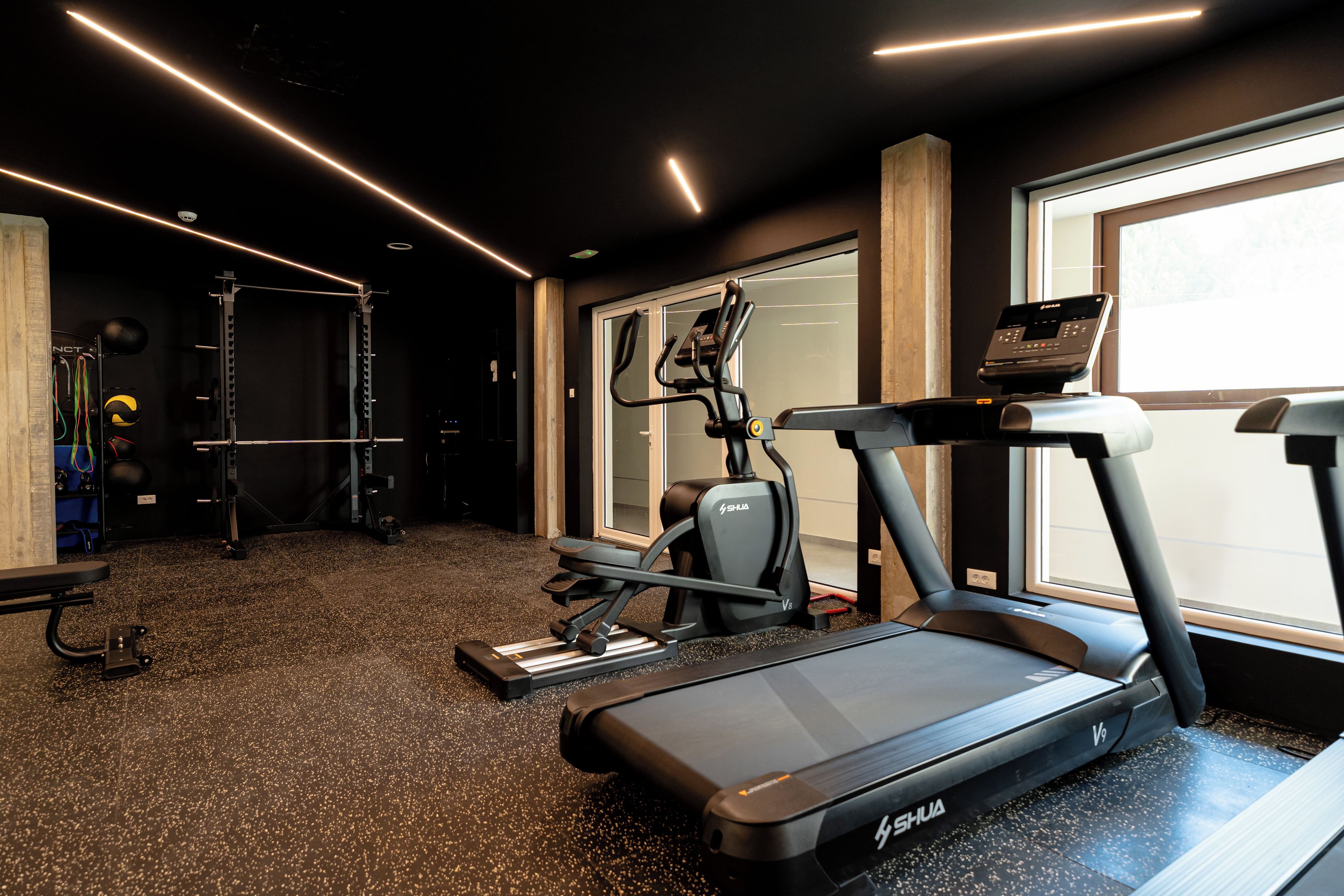 Ein Fitnessstudio mit Laufbändern, einer Hantelbank und Trainingsgeräten.