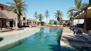 Piscina externa sazonal, funciona das 9h às 20h, guarda-sóis