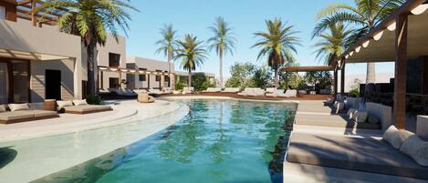 Kauden mukainen ulkouima-allas avoinna 9.00–20.00, aurinkovarjoja