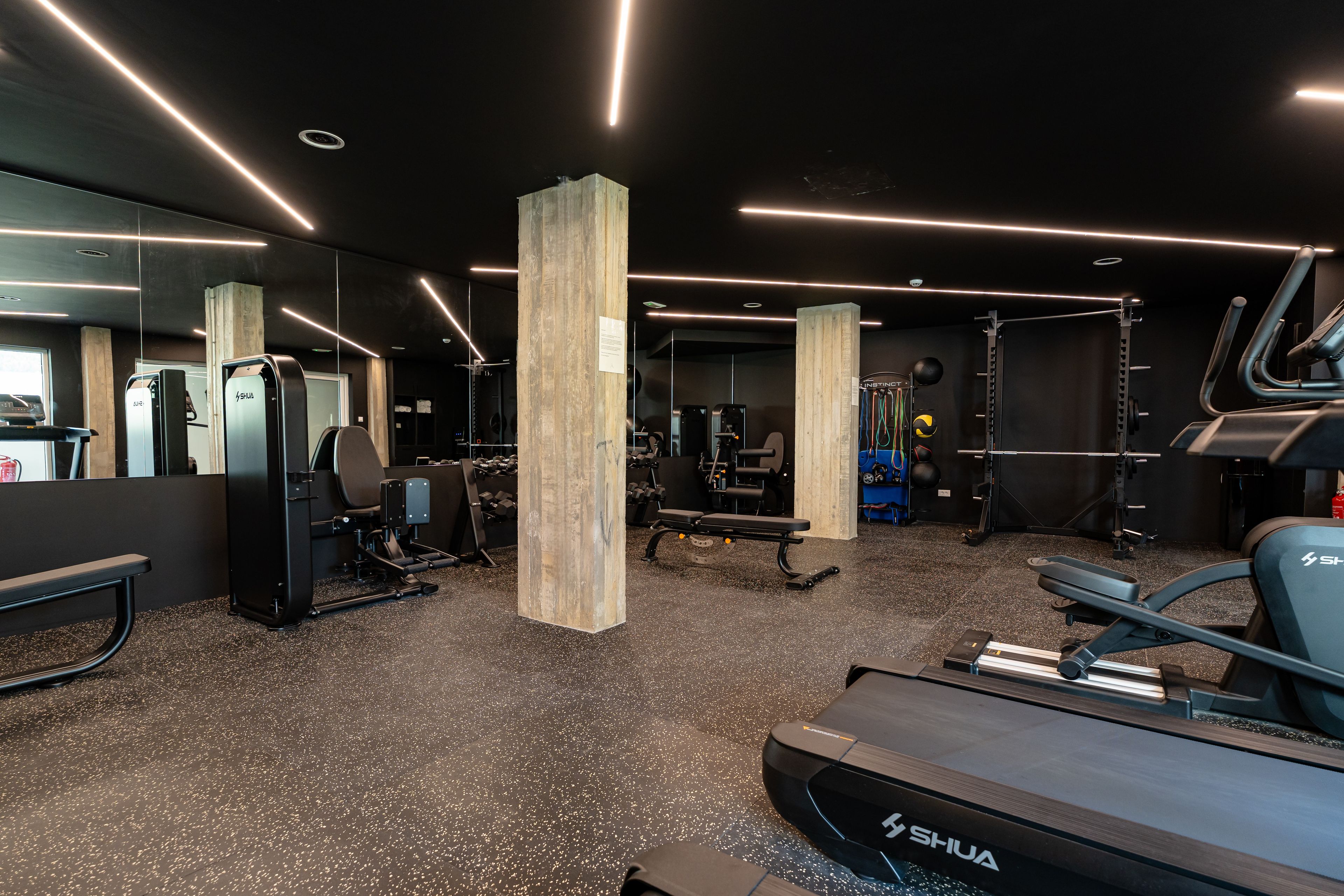 A gym with exercise equipment, a treadmill, and a mirrored wall.