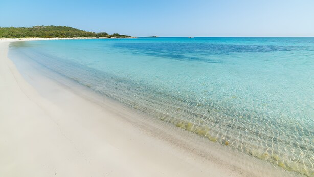 A beach with clear turquoise water, white sand, and a distant green hill.