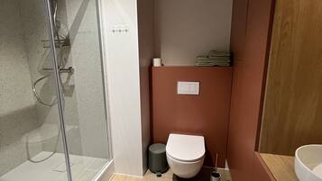 A modern bathroom with a glass shower enclosure, a white toilet, and a wooden vanity.