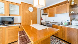 A compact kitchen with wooden cabinets, a built-in stove, a sink, and a television. - Bernardi Apartment (Caprile)