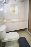 Un baño con inodoro, lavamanos y espejo.