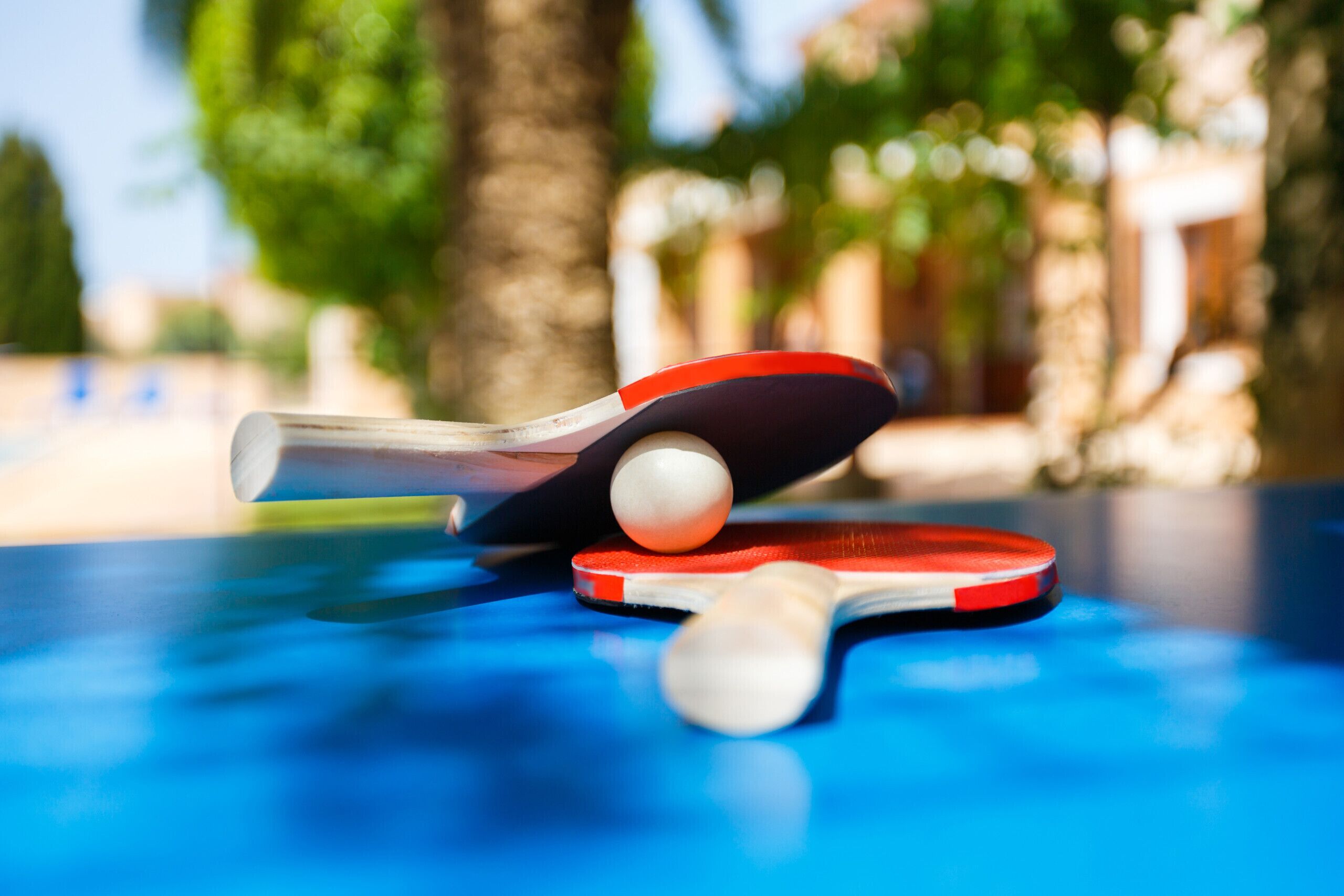 Una mesa de tenis de mesa con paleta y pelota.