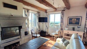 Ein Wohnzimmer mit Kamin, einer Couch, einem Fernseher und Blick ins Freie.