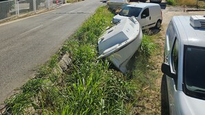 Una carretera costera con vehículos estacionados y barcos, rodeada de edificios residenciales y un cielo azul despejado.