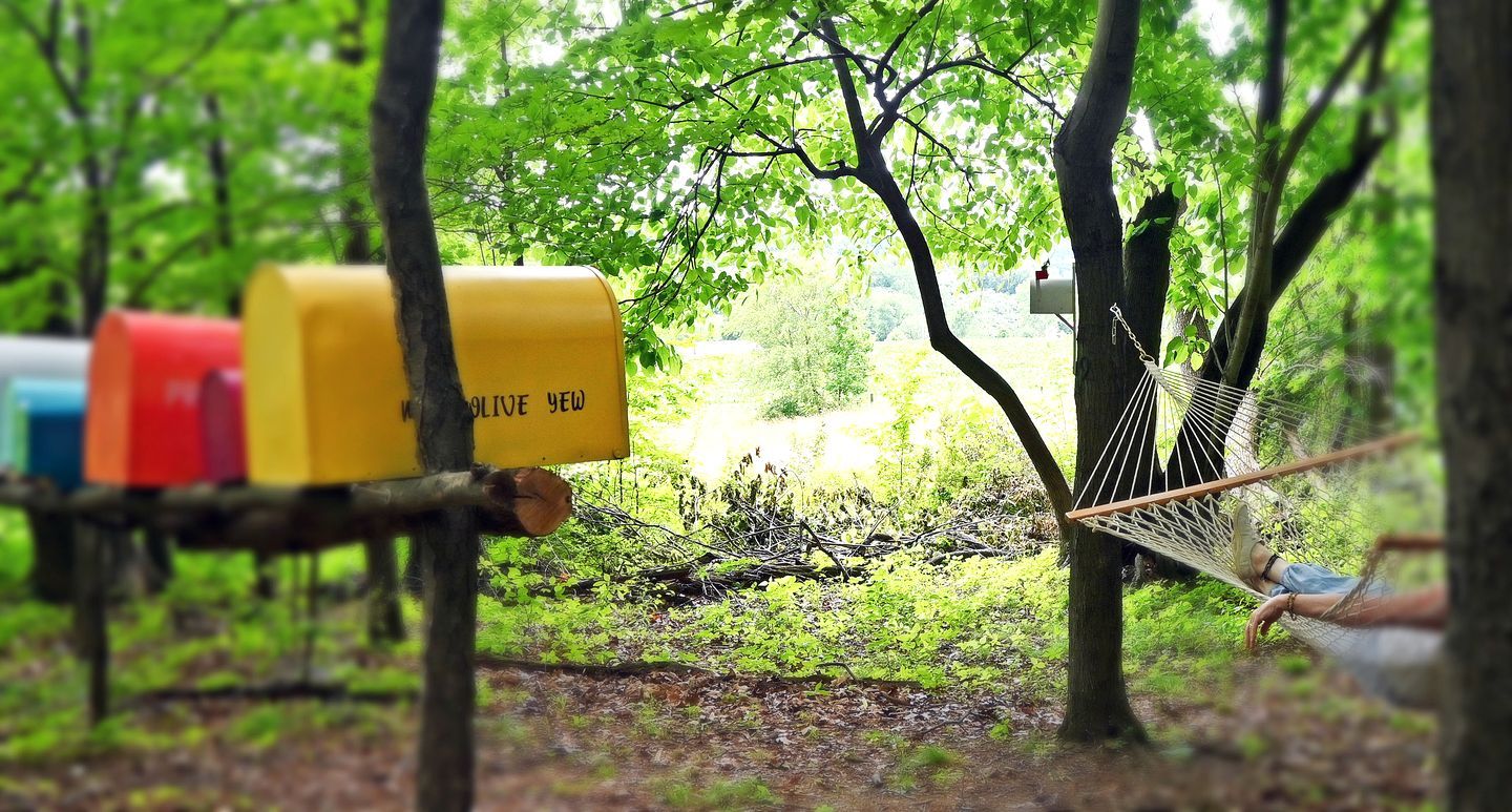 Una hamaca entre árboles, un buzón y un banco de madera.
