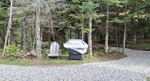 Un chemin de gravier mène à une chaise en bois et à un barbecue abrité, le tout situé dans une zone boisée.