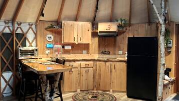 Fridge, stovetop, coffee/tea maker, toaster