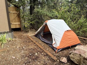 Een tent opgesteld in een bebost gebied, met een houten constructie in de buurt.