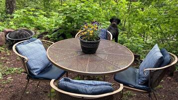 A round metal table with blue cushions, surrounded by chairs, in a forested area with a dog nearby.