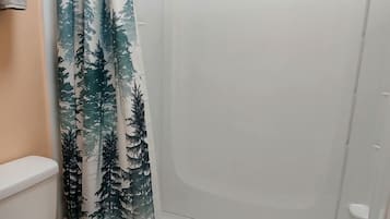 Une salle de bain avec une douche, des toilettes et un tapis de bain vert.