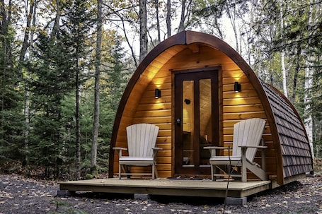 Terrace/patio. Beautiful Fir Grove Pod near Lake Superior for a Unique Romantic Escape in Nature near Washburn, Wisconsin