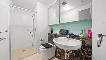Shower, hair dryer, towels, soap