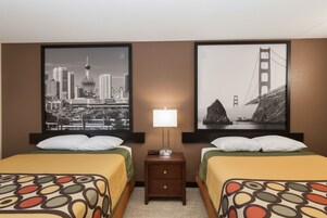 Desk, laptop workspace, blackout drapes, iron/ironing board