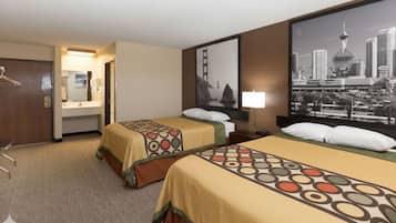 Desk, laptop workspace, blackout drapes, iron/ironing board