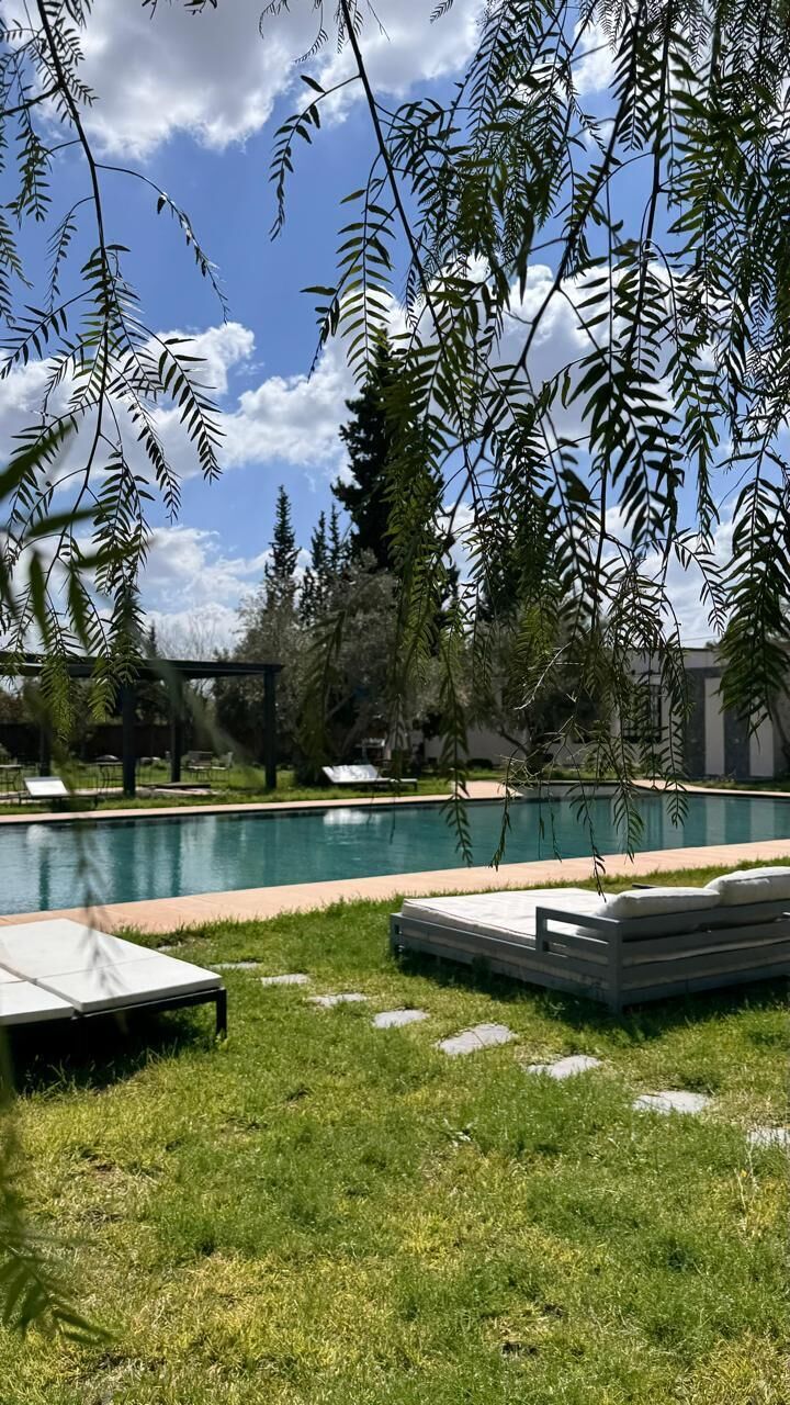 Una piscina con sillas de descanso, rodeada de césped y árboles.