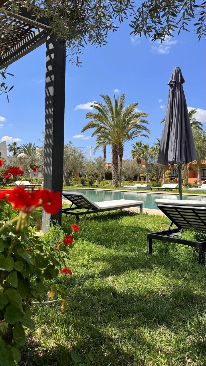Un espace aménagé au bord de la piscine, avec des chaises longues, une pergola et des palmiers.