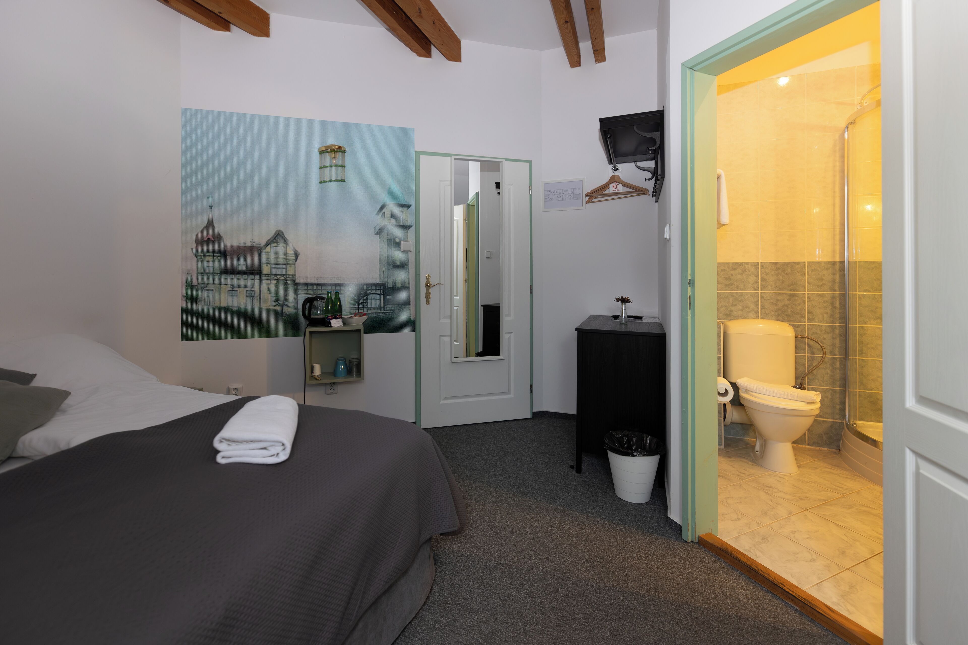 Una habitación de hotel con una cama, un cuadro de un edificio, un baño con ducha y lavamanos.