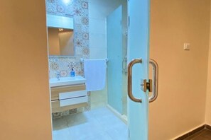 Shower, hair dryer, bidet, towels