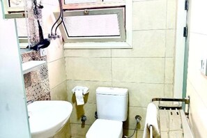 Shower, hair dryer, bidet, towels