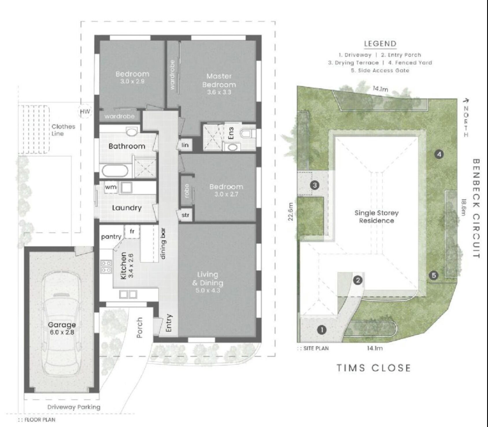 A floor plan of a single-storey residence with a garage, multiple bedrooms, a living & dining area, a kitchen, a bathroom, and a laundry room.