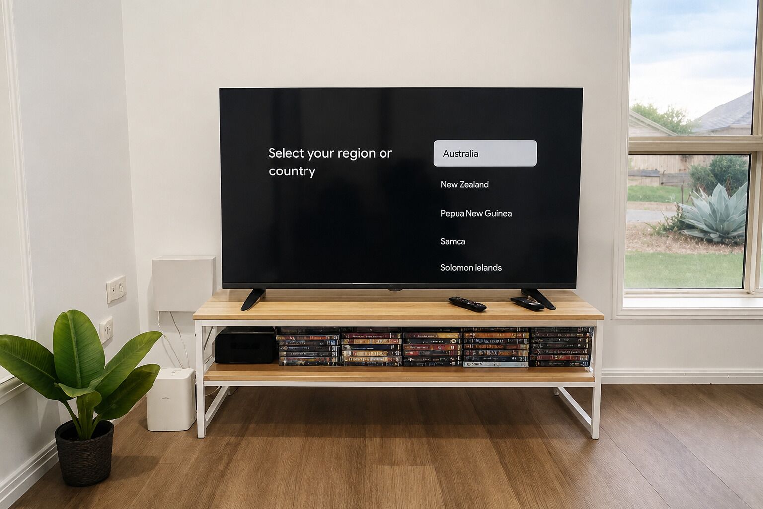A television on a wooden stand with a remote control, a selection menu on the screen, and a plant beside it.