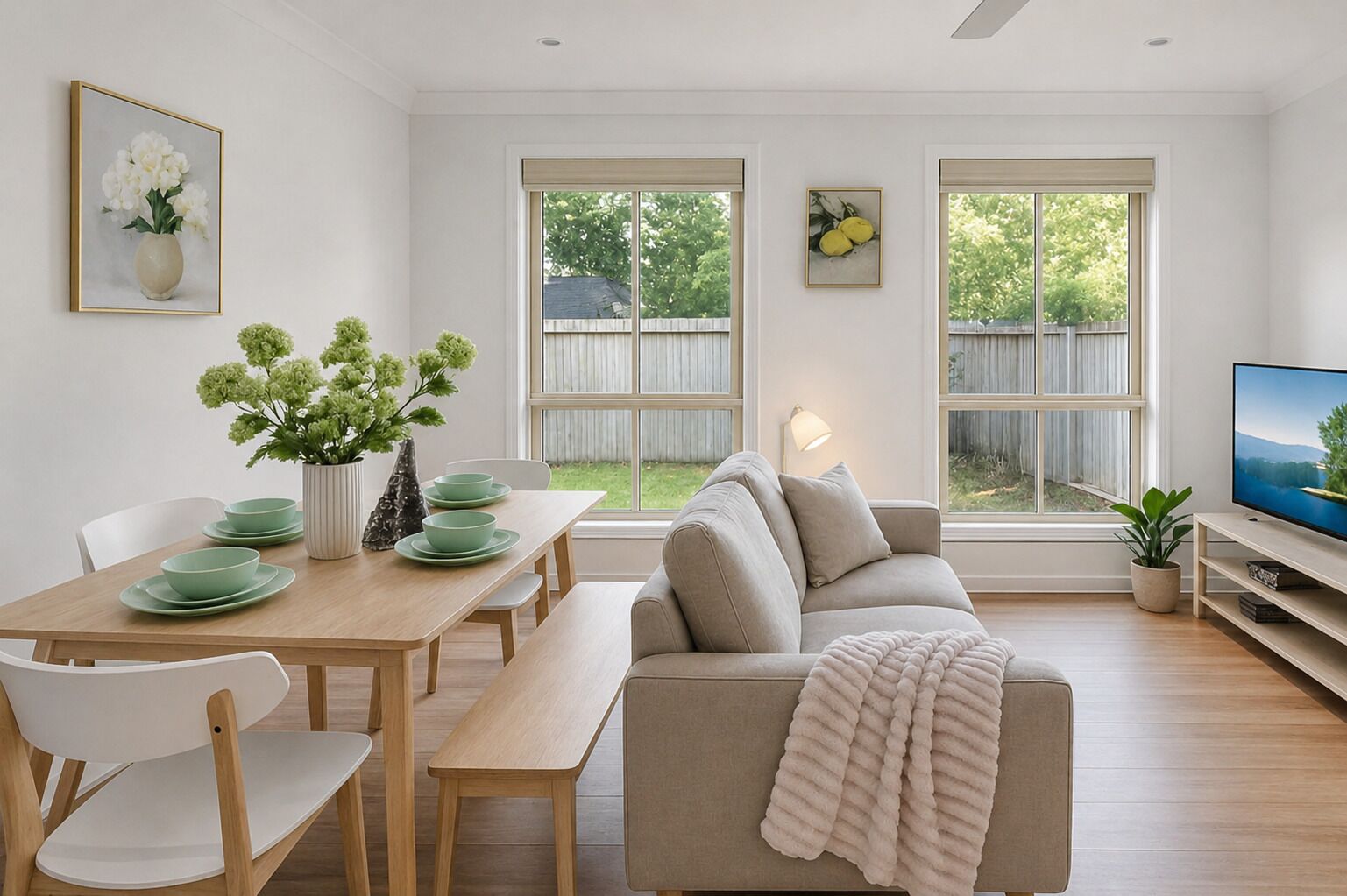 A modern living room with a sofa, dining table, chairs, and a television.